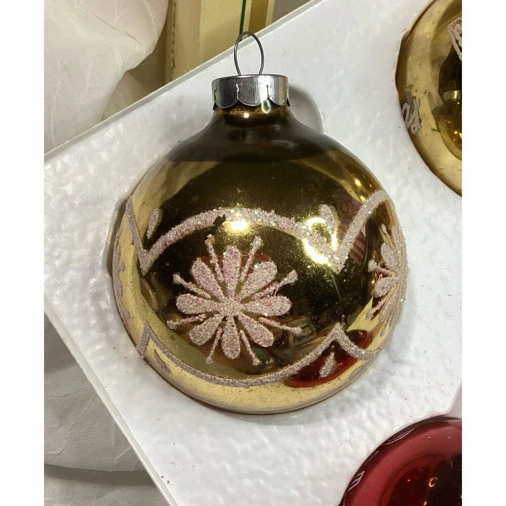 Vintage Mercury Glass Glitter Merry Christmas Ornaments Stenciled 1950s Pyramid
